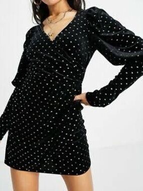Saint Genies Velvet Long-Sleeve Mini Dress with Gold Heart Print